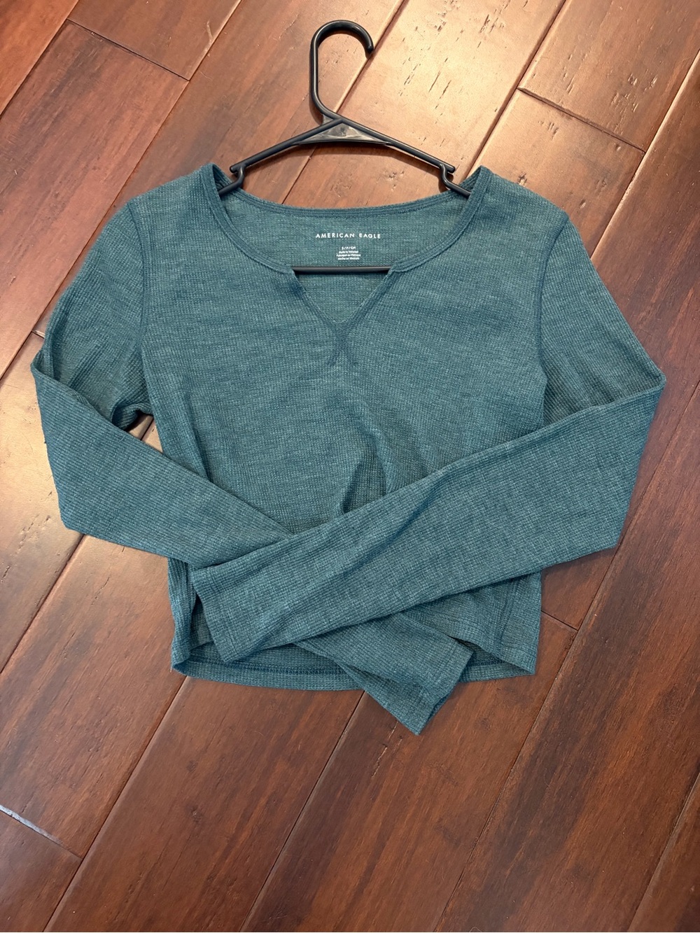 American Eagle Outfitters Women's Teal Ribbed Long-Sleeve Top
